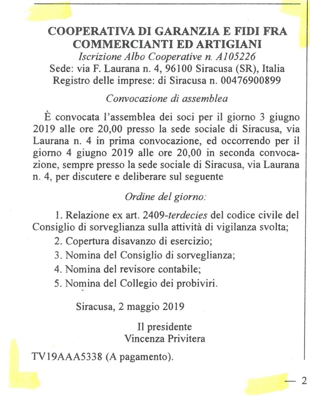 Convocazione assemblea dei soci della Cooperativa di garanzia e fidi fra commercianti ed artigiani